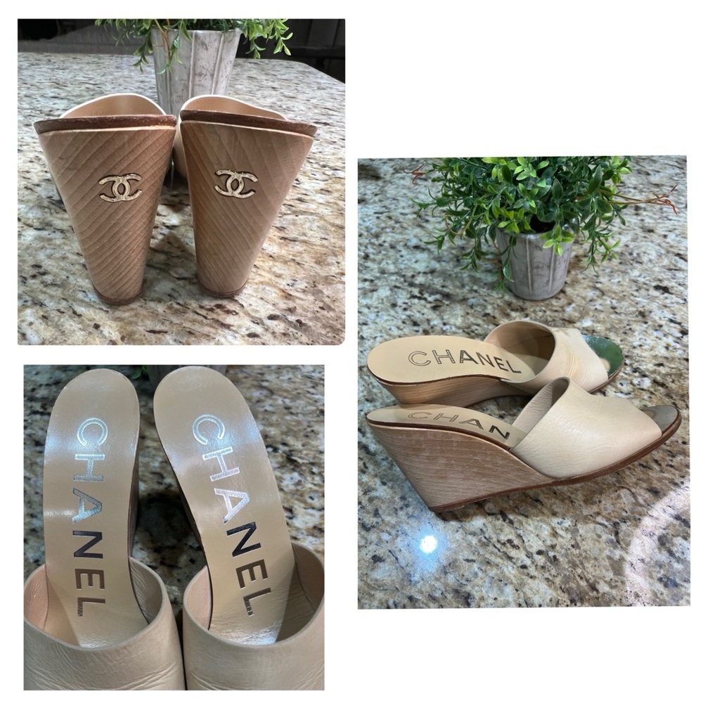 CHANEL Cream Leather Open Toe Wooden Wedges Mules 37